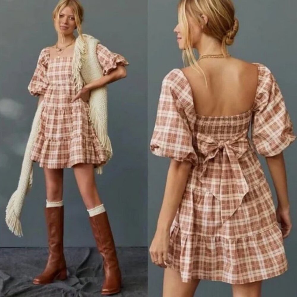NEW Faithfull the Brand Eryn Plaid Puff Sleeve Mini Dress Size Small 4